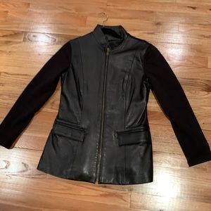 Black leather jacket with polyester/lycra sleeves by Oscar Leopold medium
